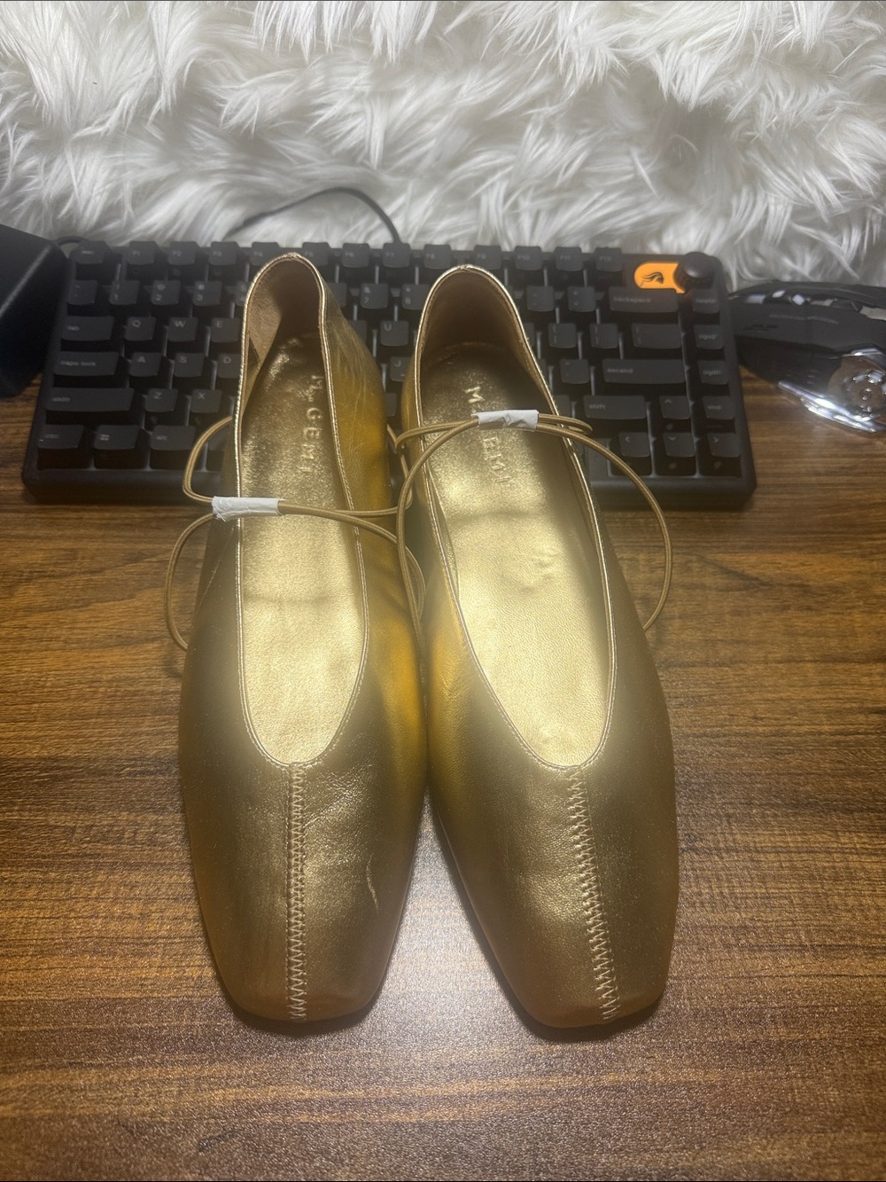 M. Gemi Metallic Gold Square-Toe Ballet Flats with Wrap Tie